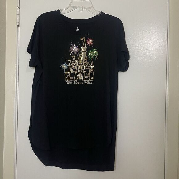 Disney Parks Black split hem scoop neck sequin castle tshirt size XL - Picture 1 of 7